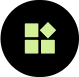 A green square and two squares on a black background