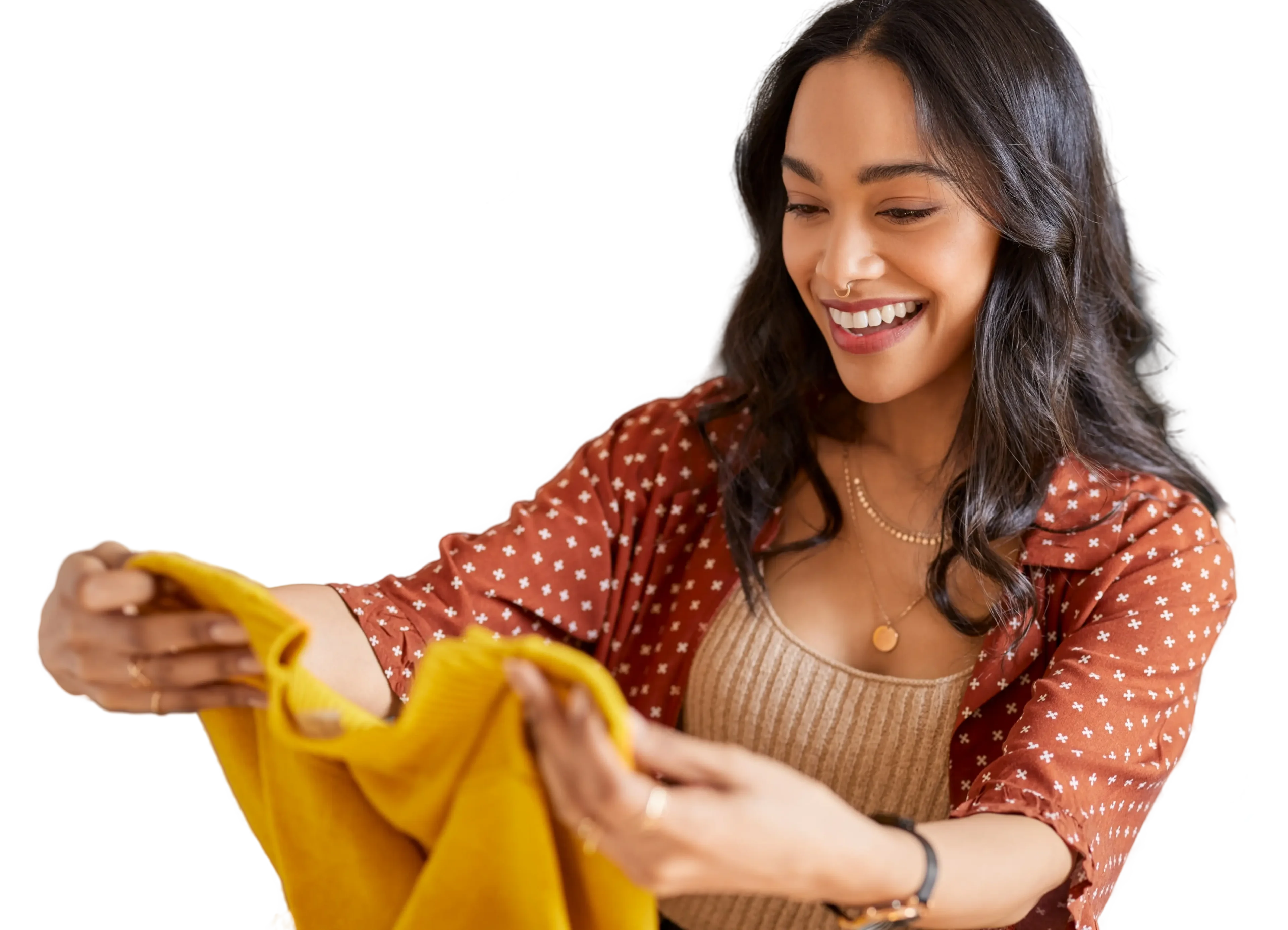 A woman holding onto some yellow fabric