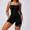 Black sleeveless bodysuit with text logo.