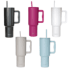 Colorful insulated cups with straws and handles.