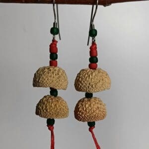 Natural acorn earrings with colorful beads.