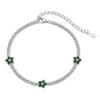 Silver bracelet with green gemstone flowers.