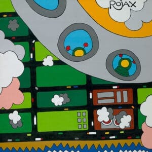 Cartoon UFO over a colorful landscape.