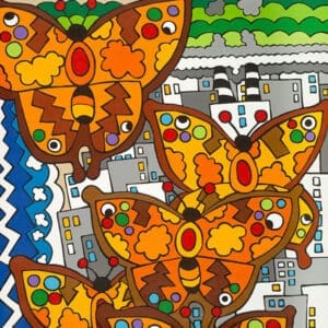 Colorful butterflies above a cityscape.