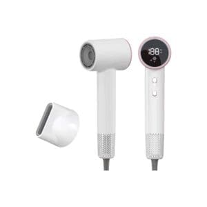 White hairdryer with digital display and nozzle.