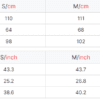 Size chart in centimeters and inches.